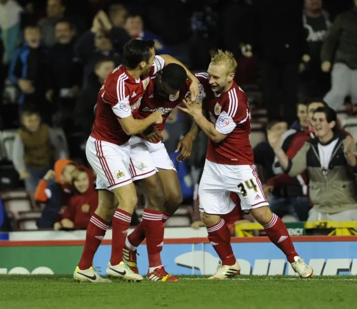 Framed Print : Triumphant Threesome: Emmanuel-Thomas, Gillett, and Baldock's Euphoric Goal Celebration, Bristol City Football Club Framed Print : Triumphant Threesome: Emmanuel-Thomas, Gillett, and Baldock's Euphoric Goal Celebration, Bristol City Football Club
