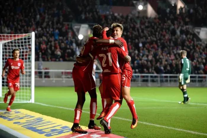 Framed Print : Triumphant Threesome: Marlon Pack, Luke Freeman, and Tammy Abraham Celebrate Goal Against Leeds United, 2016