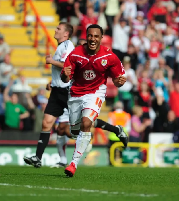Framed Print : Twenty-Goal Milestone: Nicky Maynard's Epic Celebration as Bristol City Beats Derby County in Championship Football (April 24, 2010) - Ashton Gate Stadium