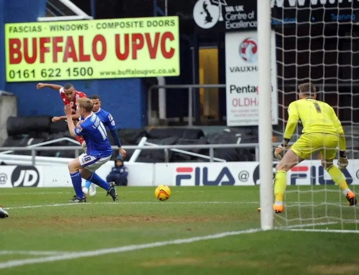 Framed Print : Tyrone Barnett's Shot: Oldham Athletic vs. Bristol City, Sky Bet League One Framed Print : Tyrone Barnett's Shot: Oldham Athletic vs. Bristol City, Sky Bet League One