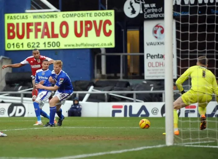Framed Print : Tyronne Barnett's Thunderbolt: Oldham Athletic vs. Bristol City, Sky Bet League One Framed Print : Tyronne Barnett's Thunderbolt: Oldham Athletic vs. Bristol City, Sky Bet League One