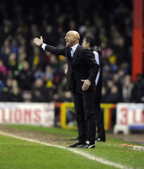 Framed Print : Unconventional Manager Giuseppe Sannino of Watford: Football Boots and Suit at Ashton Gate