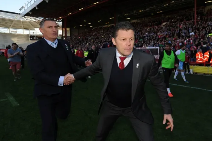 Framed Print : Unforgettable League Victory: Cotterill and Mowbray Embrace Amidst Euphoric Fan Celebrations at Ashton Gate