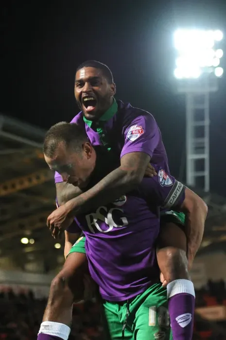 Framed Print : Unforgettable Moment: Wilbraham and Little's Euphoric Goal Celebration for Bristol City at Doncaster Rovers (February 2015) Framed Print : Unforgettable Moment: Wilbraham and Little's Euphoric Goal Celebration for Bristol City at Doncaster Rovers (February 2015)