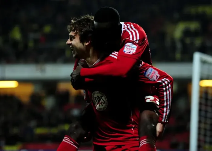 Framed Print : Unforgettable Moment: Brett Pitman's Game-winning Goal for Bristol City against Watford in the Championship (2011) - A Celebration to Remember with Albert Adomah