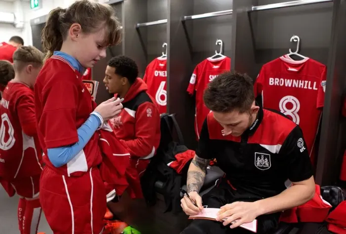Framed Print : United in Preparation: A Sneak Peek into the Bristol City Dressing Room with Mascots and Players before the Norwich City Match, 2017