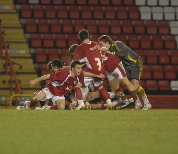 Framed Print : United in Victory: Group Celebration - Bristol City U18s vs Leeds Utd U18s Framed Print : United in Victory: Group Celebration - Bristol City U18s vs Leeds Utd U18s