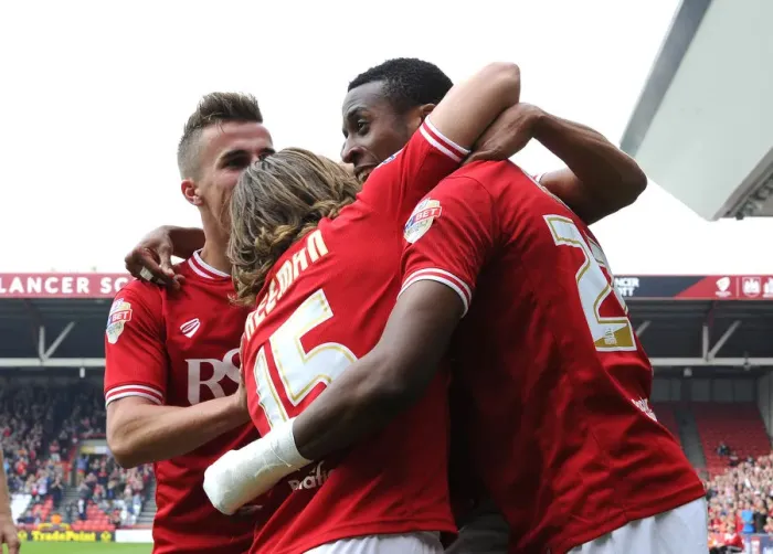 Framed Print : Unstoppable Quartet: Kodjia, Reid, Freeman, Bryan Celebrate Championship Win with Goals for Bristol City Framed Print : Unstoppable Quartet: Kodjia, Reid, Freeman, Bryan Celebrate Championship Win with Goals for Bristol City