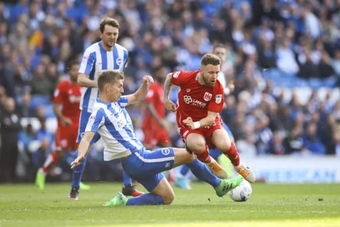 Framed Print : Uwe Hunemeier Slides Tackle Against Matt Taylor - Brighton & Hove Albion vs. Bristol City (Sky Bet Championship, 2017) Framed Print : Uwe Hunemeier Slides Tackle Against Matt Taylor - Brighton & Hove Albion vs. Bristol City (Sky Bet Championship, 2017)
