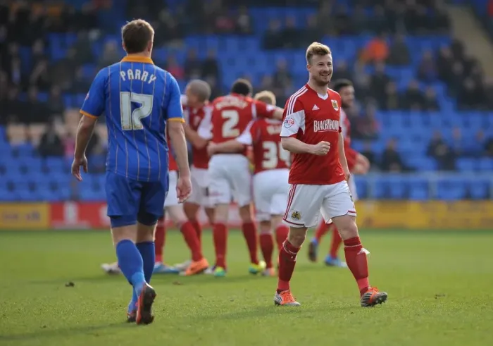 Framed Print : Wade Elliott and Jay Emmanuel-Thomas Celebrate Goal: Shrewsbury Town vs. Bristol City, Sky Bet League One, March 8, 2014 Framed Print : Wade Elliott and Jay Emmanuel-Thomas Celebrate Goal: Shrewsbury Town vs. Bristol City, Sky Bet League One, March 8, 2014