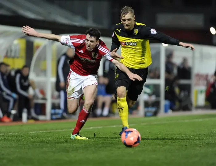 Framed Print : Watford vs. Bristol City: Intense Battle for the Ball Framed Print : Watford vs. Bristol City: Intense Battle for the Ball