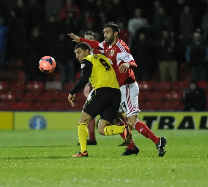 Framed Print : Watford's Troy Deeney Holds Off Bristol City's Liam Fontaine in FA Cup Third Round Replay