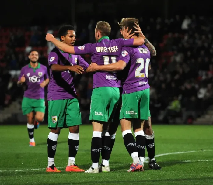 Framed Print : Wes Burns Scores the Winning Goal: Bristol City Triumphs in Johnstone's Paint Trophy Match against Cheltenham Town