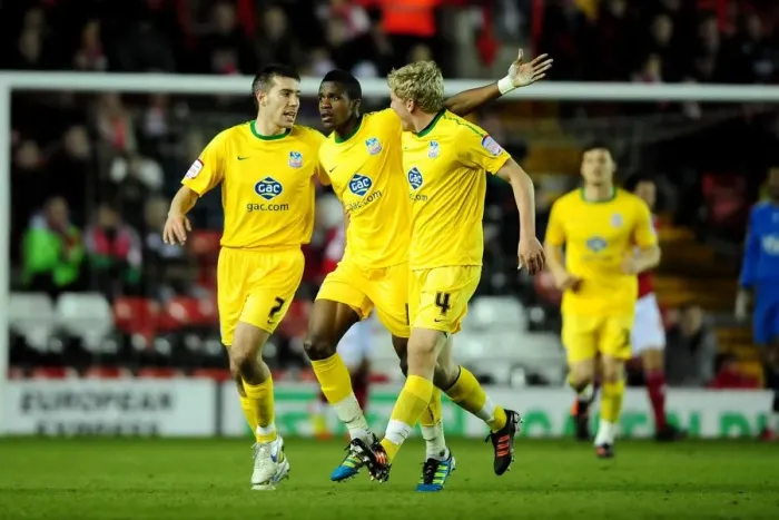 Framed Print : Wilfried Zaha's Thrilling Goal Celebration: Crystal Palace's Opening Strike in 2012 Championship Match Against Bristol City