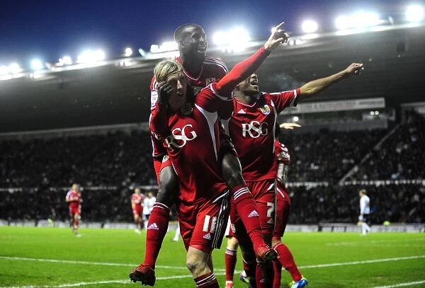 Woolford and Adomah Celebrate: Derby County vs. Bristol City - Martyn Woolford's Goal (Championship Football Match, 10th December 2011)