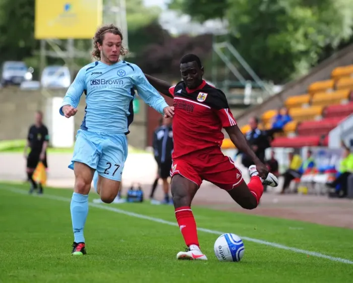 Framed Print : Yannick Bolasie's Cross: A Pre-Season Moment at McDiarmid Park (St Johnstone vs. Bristol City) Framed Print : Yannick Bolasie's Cross: A Pre-Season Moment at McDiarmid Park (St Johnstone vs. Bristol City)