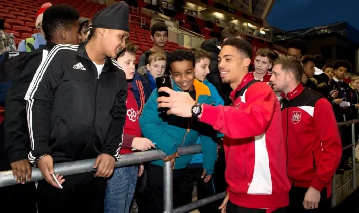 Framed Print : Young Fans Mingle with Frank Fielding and Zak Vyner of Bristol City during Bristol City vs Norwich City Match, Sky Bet Championship at Ashton Gate