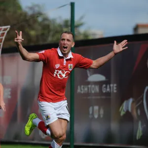 Aaron Wilbraham's Thrilling Goal Celebration: A Memorable Moment at Ashton Gate, Bristol City vs Colchester United, Sky Bet League One, 2014