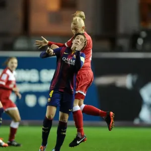 Print of a female footballer competing for the high ball Print of a female footballer competing for the high ball