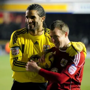 Bristol City: David James and David Clarkson Celebrate Goal Against Cardiff City (01.01.2011)
