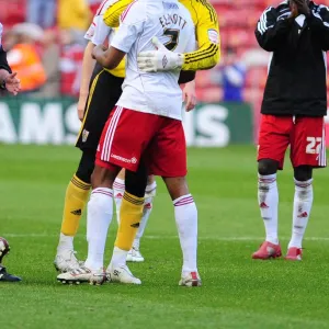 Bristol city Goalkeeper David James celebrates with match winner Marvin Elliott on the final whistle