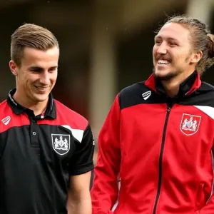 Bristol City Players Joe Bryan and Luke Ayling Smile at Abbey Business Stadium Ahead of Preseason Friendly vs Cheltenham Town