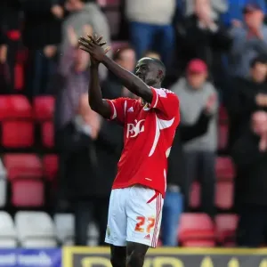 Print of Albert Adomah celebrating goal at Ashton Gate Stadium Print of Albert Adomah celebrating goal at Ashton Gate Stadium