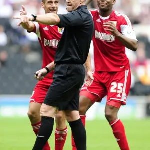 Bristol City's Baldock and Elliott Protest Penalty Decision vs. Milton Keynes Dons, Sky Bet League One (2013)