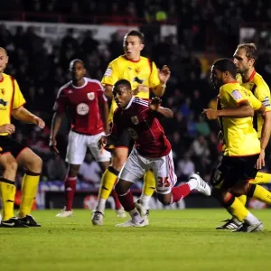 Bristol City's Danny Rose Fights for Penalty in Championship Showdown against Watford (Sept 14, 2010)