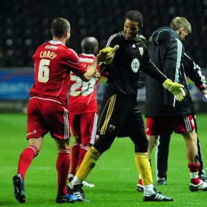 Bristol City's David James and Louis Carey Celebrate Championship Victory Over Swansea City (10/11/2010)