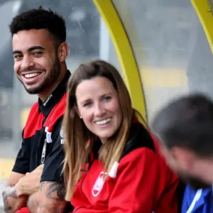Bristol City's Derrick Williams Shares a Light-Hearted Moment with Coach Lee Johnson during Burton Albion Match, Sky Bet Championship 2016 Bristol City's Derrick Williams Shares a Light-Hearted Moment with Coach Lee Johnson during Burton Albion Match, Sky Bet Championship 2016