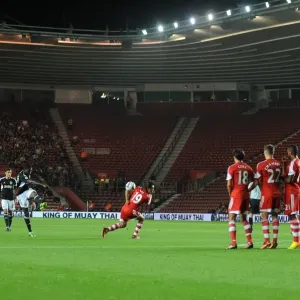Bristol City's Free Kick Thwarted by Tadanari Lee of Southampton - Football Rivalry at St Mary's Stadium