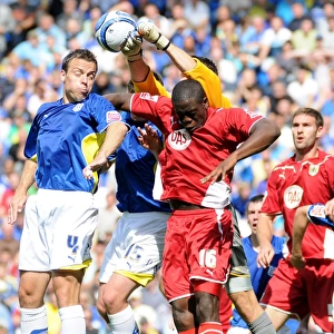 Bristol City`s John Akinde is foiled by Cardiff `keeper Marshall