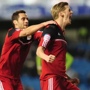 Bristol City's Jon Stead and Sam Baldock Celebrate Goal Against Millwall in Championship Match, 2013