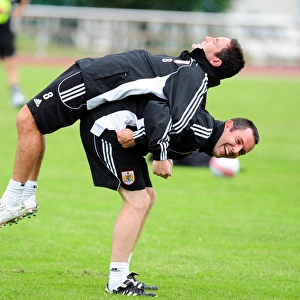 Bristol Citys Lee Johnson is stretched by fitness coach Glenn Schmidt