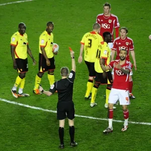 Bristol City's Liam Fontaine Receives Straight Red: Disbelief at Ashton Gate (Bristol City v Watford) Bristol City's Liam Fontaine Receives Straight Red: Disbelief at Ashton Gate (Bristol City v Watford)