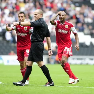 Bristol City's Sam Baldock and Marvin Elliott Protest Penalty Decision Against Milton Keynes Dons, Sky Bet League One, 2013