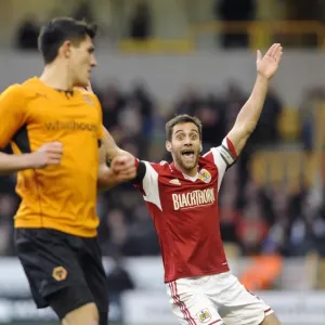 Bristol City's Sam Baldock Protests Referee Decision During Wolves vs. Bristol City (January 25, 2014)