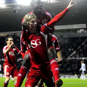 Derby County vs. Bristol City: Woolford and Adomah Celebrate Goal (Championship Football, 10/12/2011)