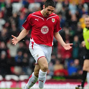 Euphoric Moment: Bradley Orr's Thrilling Goal Celebration in the Championship Clash between Bristol City and Nottingham Forest (03/04/2010)