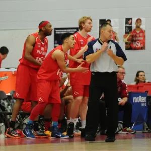 Print of a basketball game between Bristol Flyers and Manchester Giants Print of a basketball game between Bristol Flyers and Manchester Giants