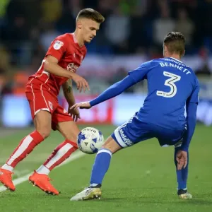 Print of Jamie Paterson vs Joe Bennett at Cardiff City Stadium Print of Jamie Paterson vs Joe Bennett at Cardiff City Stadium