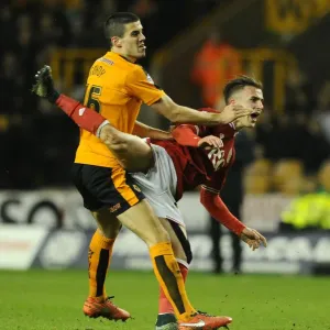 Joe Bryan Fouled by Conor Coady in Wolves vs. Bristol City Championship Match, 2016