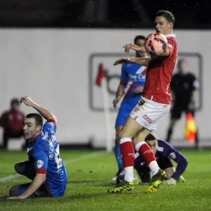 Matt Smith misses Mark Little's cross in FA Cup replay print Matt Smith misses Mark Little's cross in FA Cup replay print