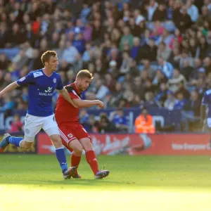 Steven Davies Long-Range Shot at King Power Stadium - Leicester City vs. Bristol City, Football Championship Match Steven Davies Long-Range Shot at King Power Stadium - Leicester City vs. Bristol City, Football Championship Match