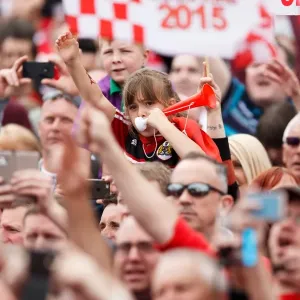 Thousands of fans pack Lloyds Amphitheatre during the Bristol City open top bus parade to celebrate winning both Thousands of fans pack Lloyds Amphitheatre during the Bristol City open top bus parade to celebrate winning both