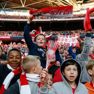 Print of Bristol City fans celebrating a 2-0 win at Wembley Stadium