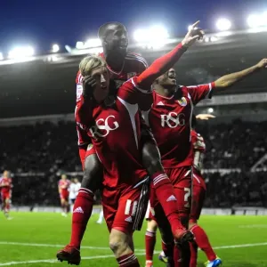 Woolford and Adomah Celebrate: Derby County vs. Bristol City - Martyn Woolford's Goal (Championship Football Match, 10th December 2011)