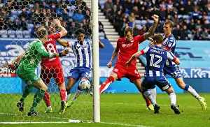 Wigan Athletic V Bristol City Prints: Aden Flint of Bristol City scores his sides first goal - Mandatory by-line