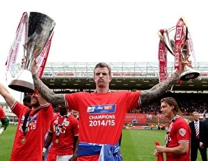 Images Dated 3rd May 2015: Aden Flint Lifts Double: Bristol City's Sky Bet League One and JPT Trophies (May 2015)